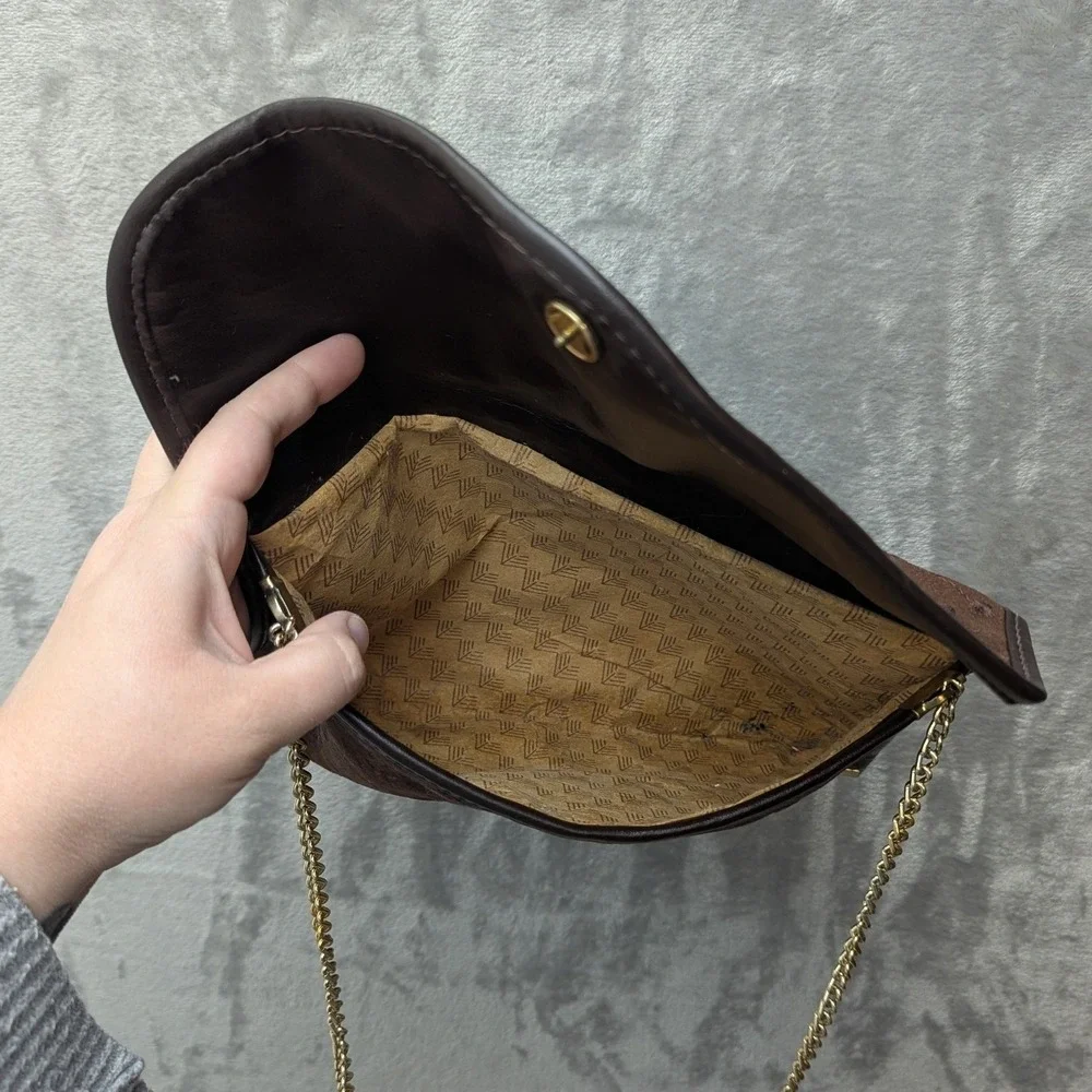 Vintage Envelope Clutch Medium Brown Floral Eyelet Gold Chain Strap Earthy Tones